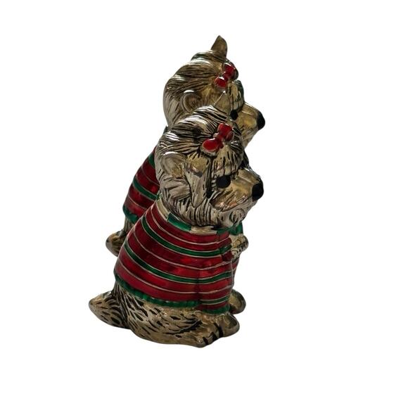 Yorkie Dogs Silver Metal Salt Pepper Shakers Green Red Enamel Sweaters Yorkshire - Picture 10 of 10